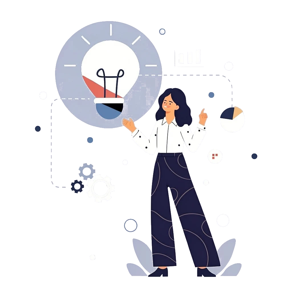 Illustration of a strategist thinking through communication with ideas and data around her