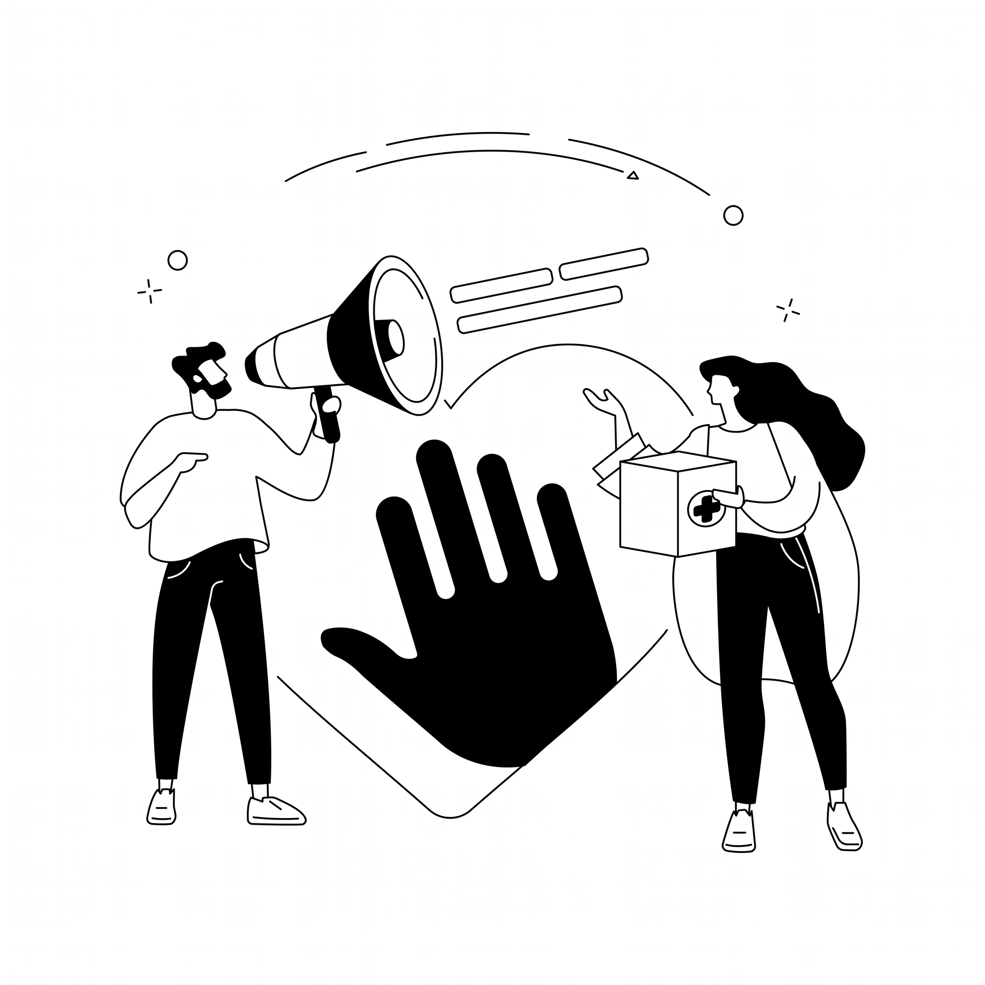 Line drawing of people communicating and giving