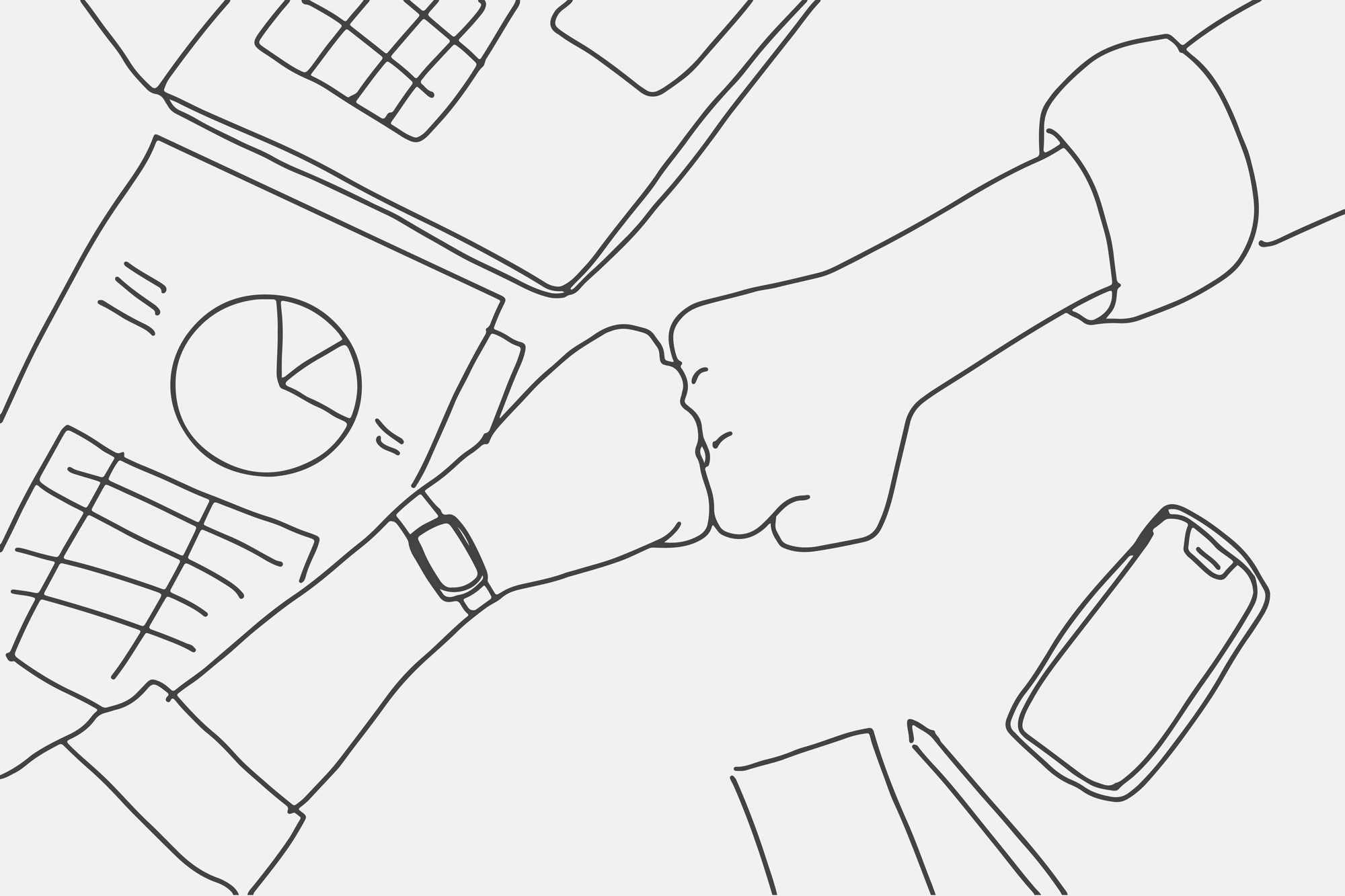 Line drawing of colleagues bumping fists over a desk with reports and a laptop